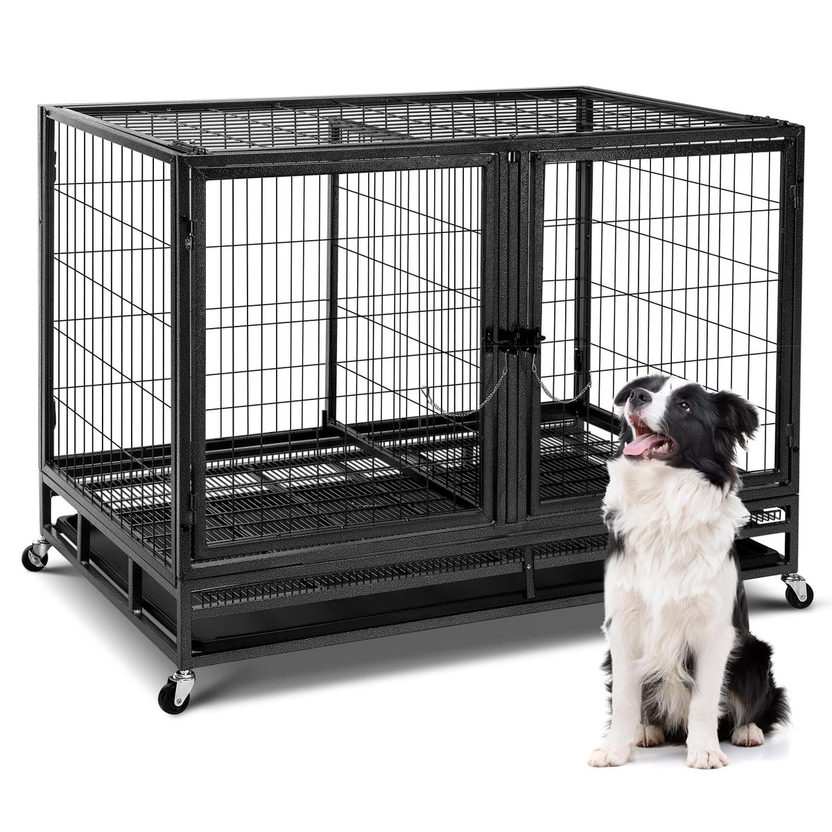 48 inch Large Wire Dog Crate with Lockable Wheels B698253