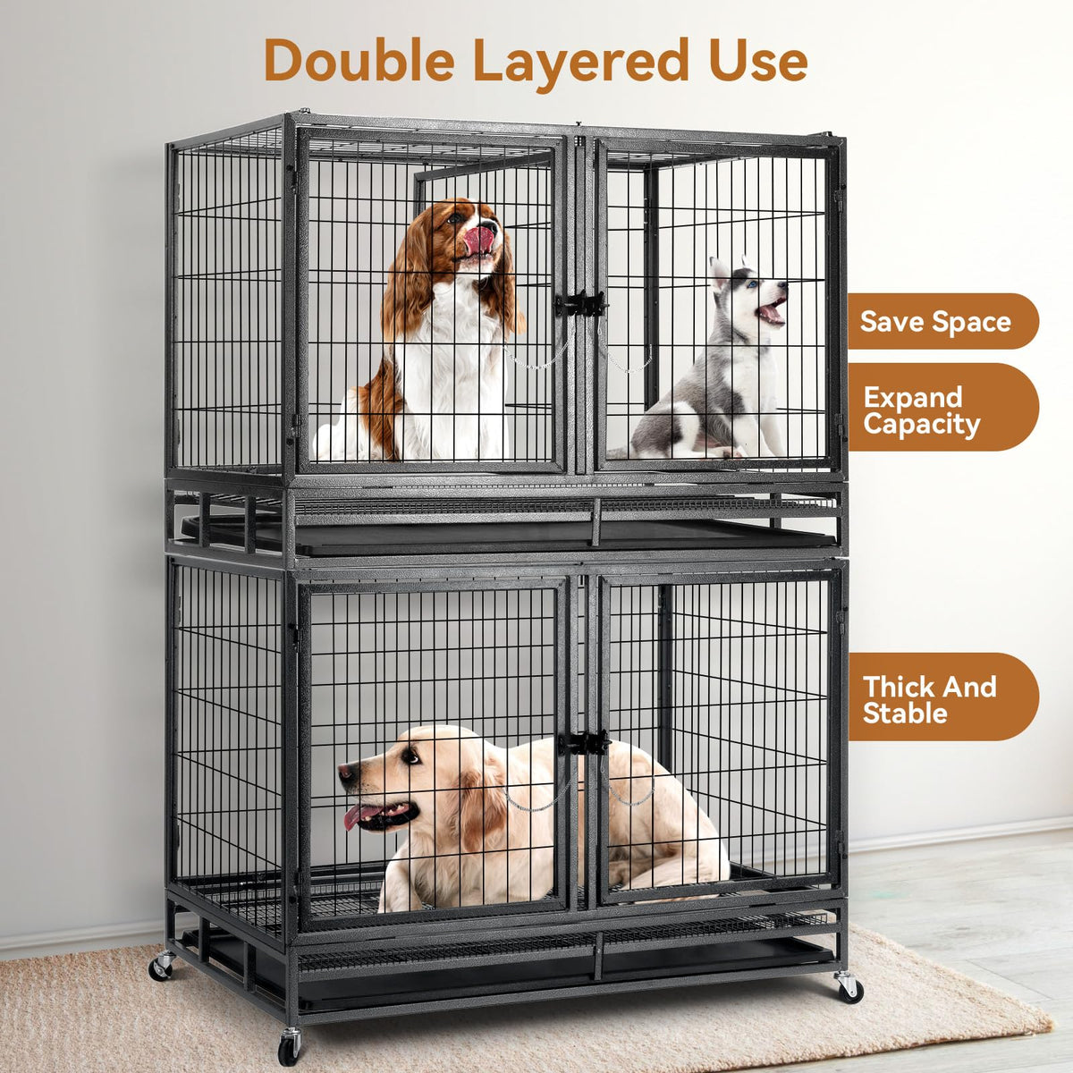 48 inch Large Wire Dog Crate with Lockable Wheels B698253