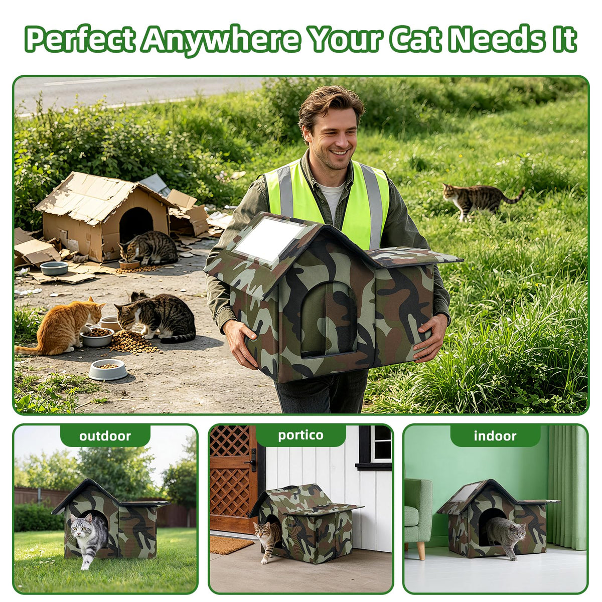 Large Weatherproof Outdoor Cat House with Door and Soft Mat Q7374