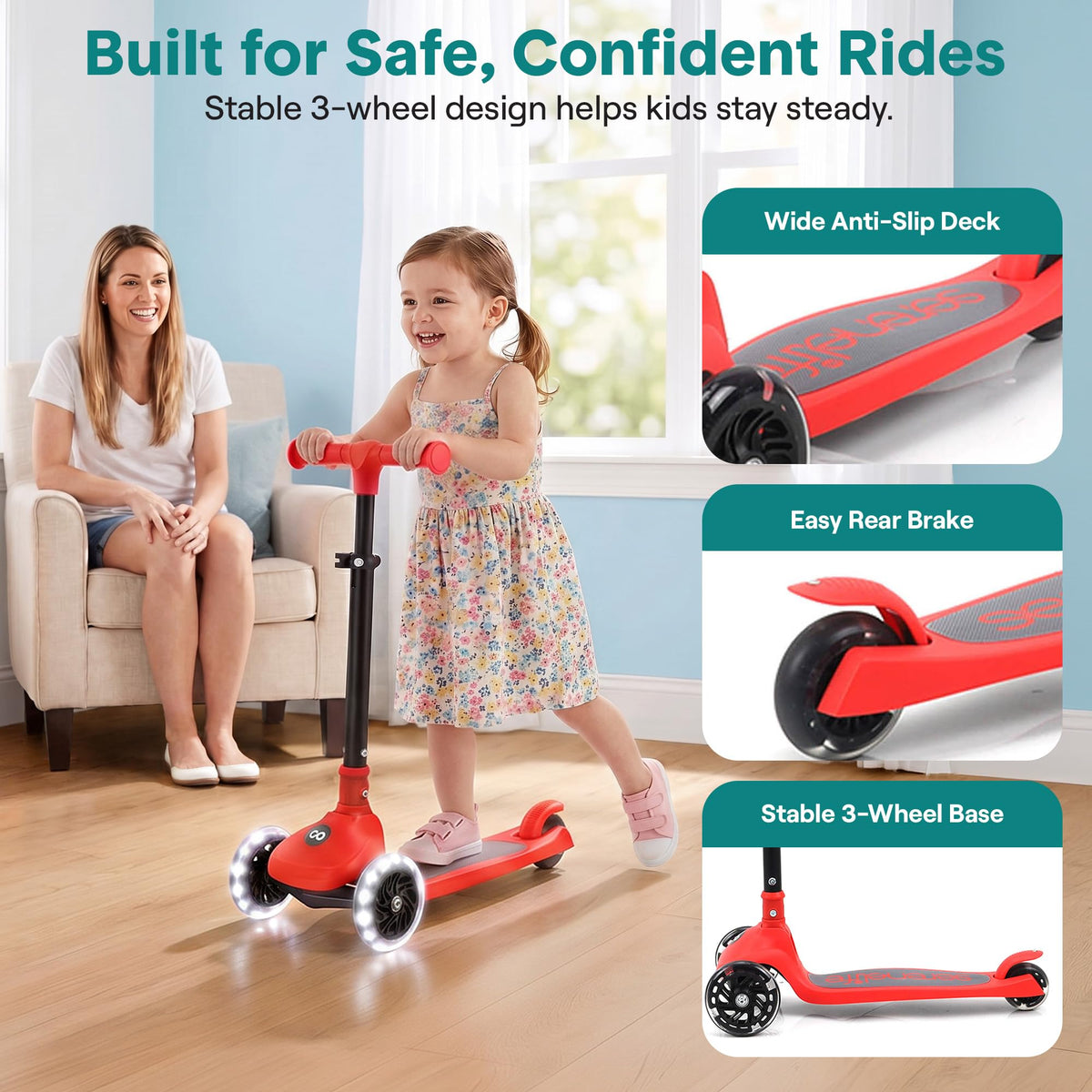 Foldable 3 Wheel Scooter with LED Wheels, Adjustable Handlebar, Red E407