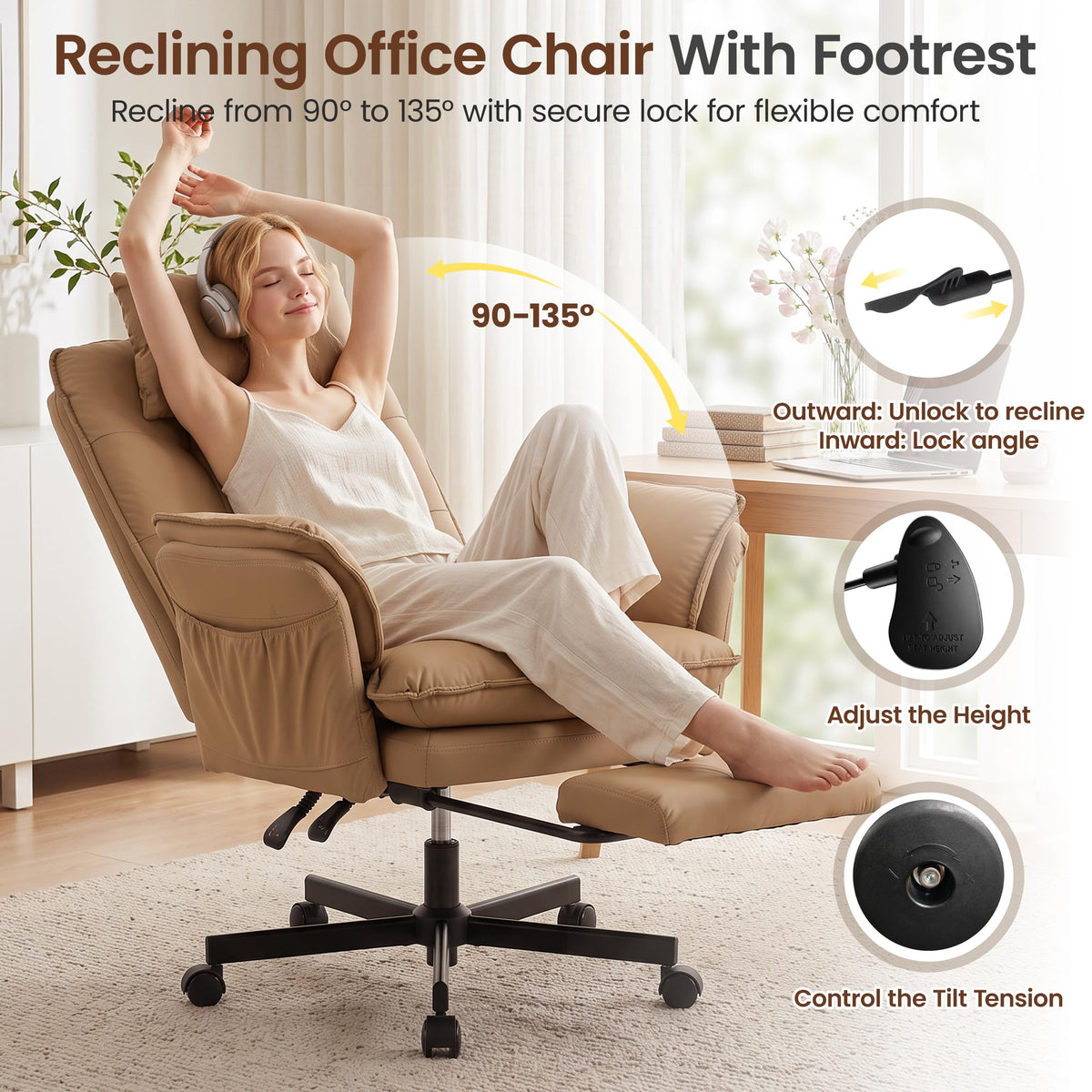Brown Office Chair with Foot Rest & Flip Armrests E807