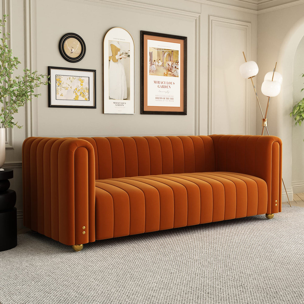 Orange Velvet 3 Seat Tufted Sofa M22155