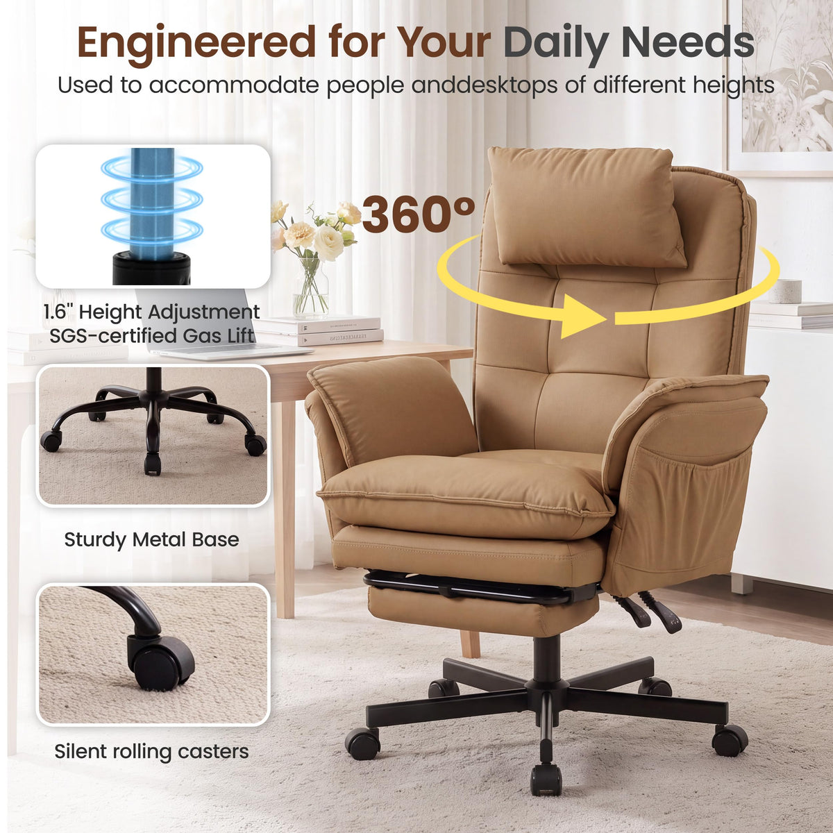 Brown Office Chair with Foot Rest & Flip Armrests E807